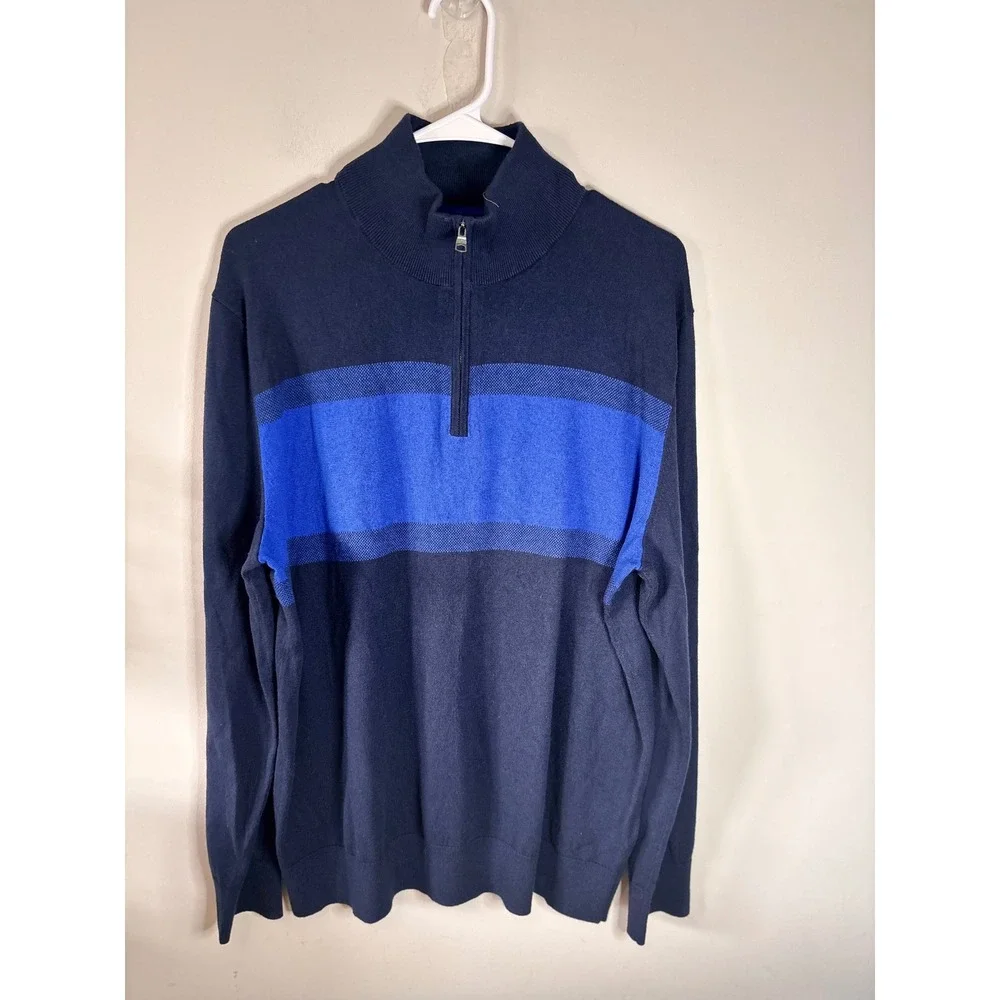 Banana Republic Mens Cotton Cashmere Quarter Zip Sweater Navy Blue Stripe Large